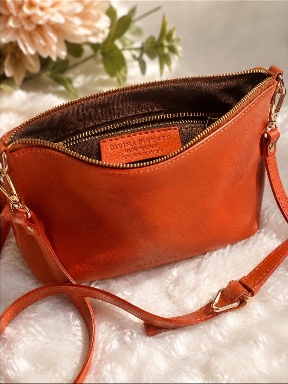 Divina Firenze Genuine Leather Crossbody Bag Made in Italy Orange New Without Ta